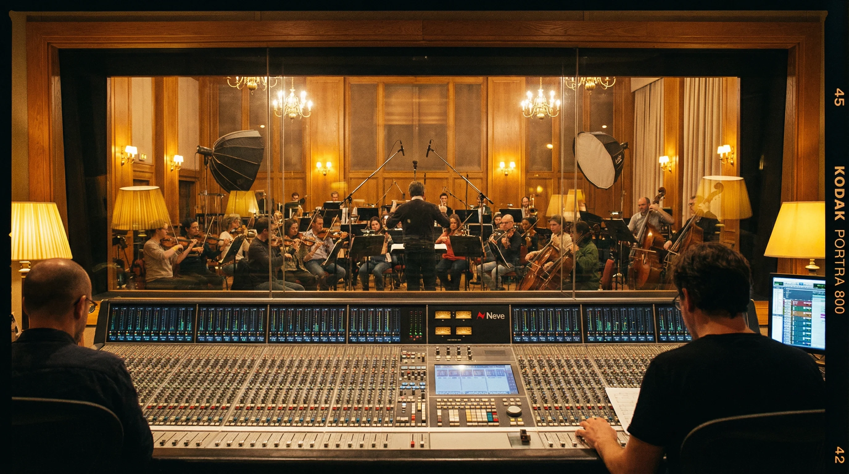 专业电影配乐录音棚，展示交响乐团通过控制室玻璃窗录制配乐